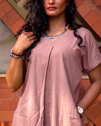 Onion Pink Casual Cotton V-Neck Pleated Midi Dress