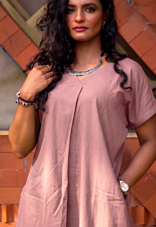 Onion Pink Casual Cotton V-Neck Pleated Midi Dress