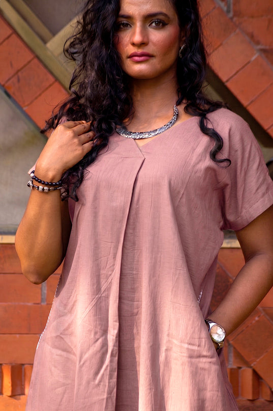 Onion Pink Casual Cotton V-Neck Pleated Midi Dress