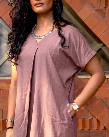 Onion Pink Casual Cotton V-Neck Pleated Midi Dress
