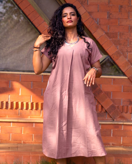 Onion Pink Casual Cotton V-Neck Pleated Midi Dress