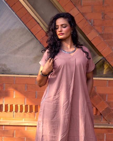 Onion Pink Casual Cotton V-Neck Pleated Midi Dress