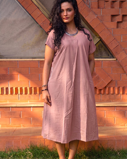 Onion Pink Casual Cotton V-Neck Pleated Midi Dress
