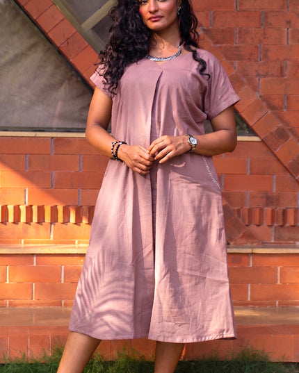 Onion Pink Casual Cotton V-Neck Pleated Midi Dress