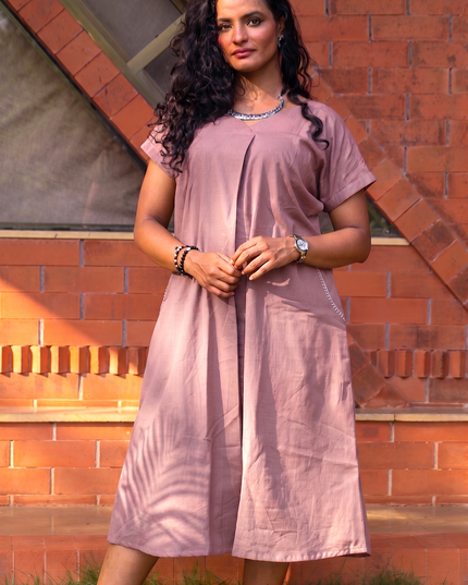 Onion Pink Casual Cotton V-Neck Pleated Midi Dress