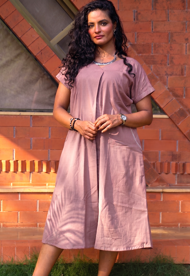 Onion Pink Casual Cotton V-Neck Pleated Midi Dress