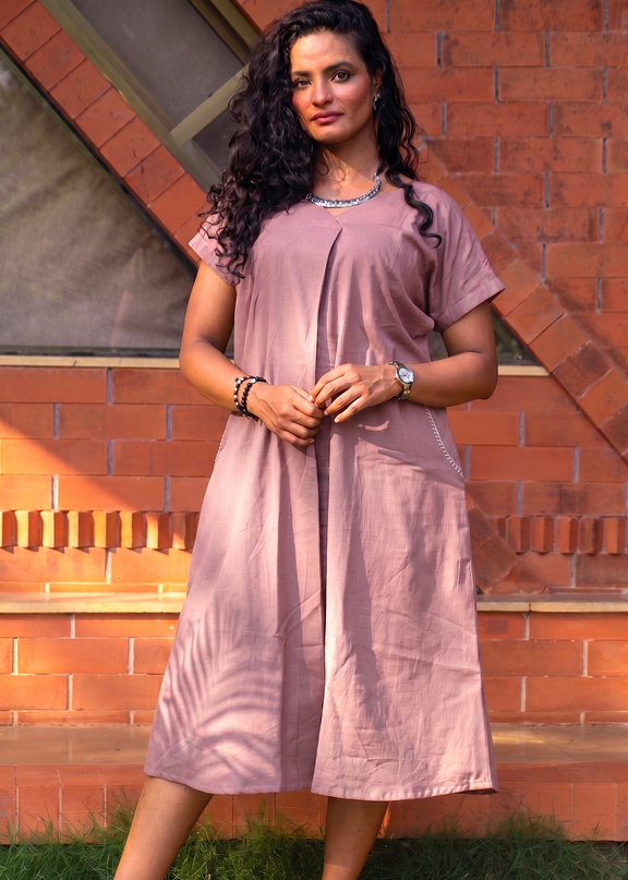 Onion Pink Casual Cotton V-Neck Pleated Midi Dress