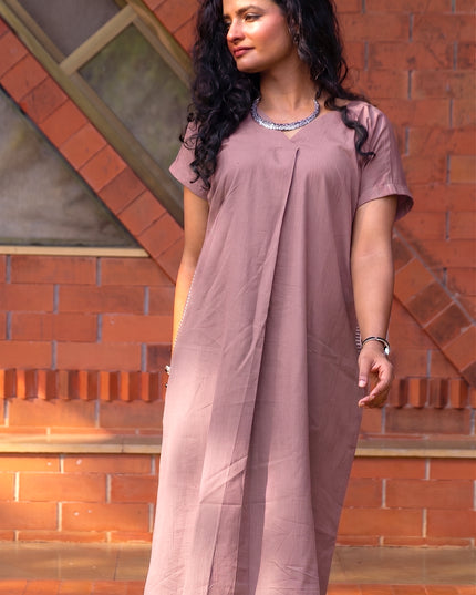 Onion Pink Casual Cotton V-Neck Pleated Midi Dress