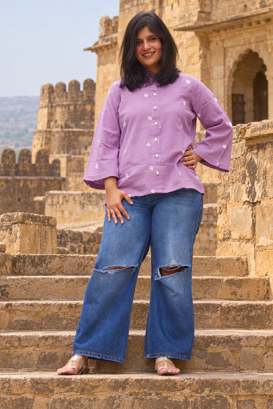 Bandhani Bliss Lilac Cotton Top
