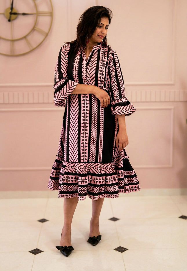 Quirky Tales Long Sleeve Ruffle Trim Black-Peach Dress