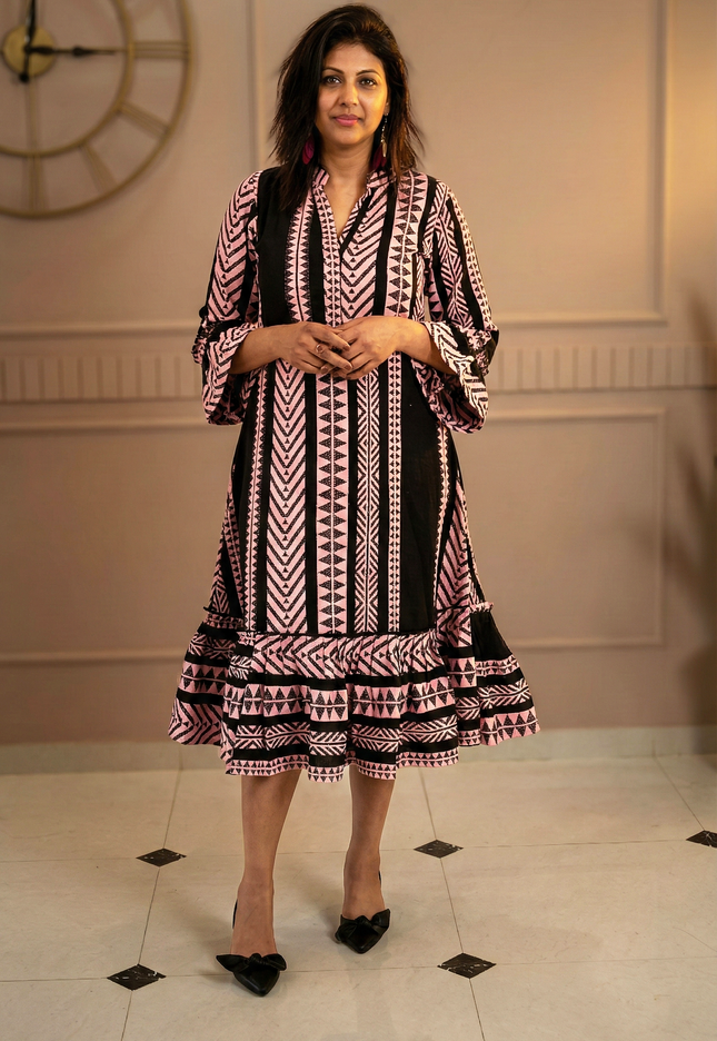 Quirky Tales Long Sleeve Ruffle Trim Black-Peach Dress