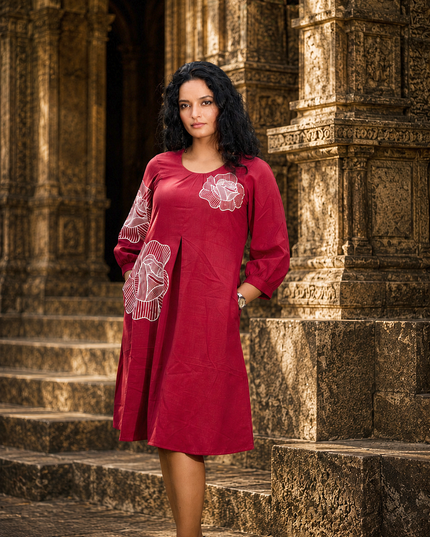 Bohemian Noir Cherry Midi with Artistic Blooming Rose