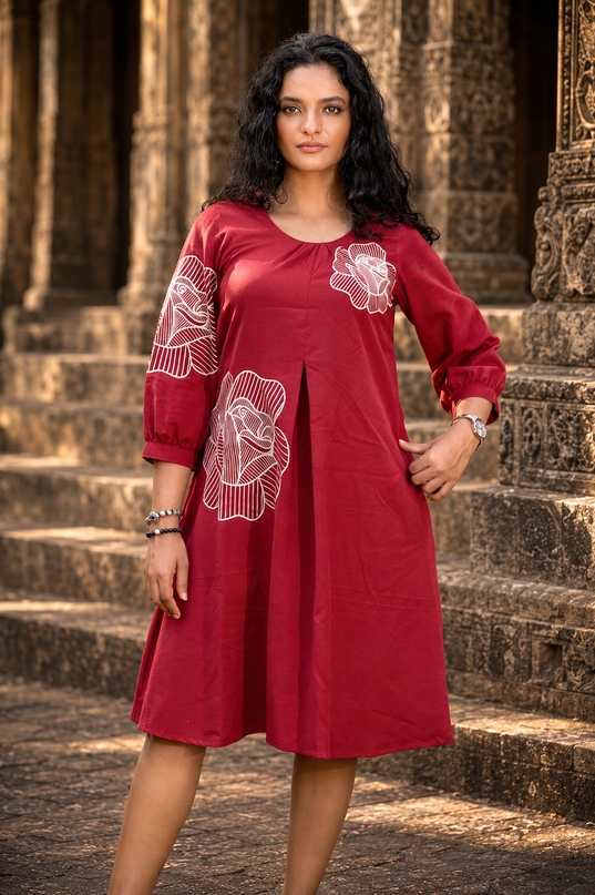 Bohemian Noir Cherry Midi with Artistic Blooming Rose