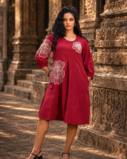 Bohemian Noir Cherry Midi with Artistic Blooming Rose