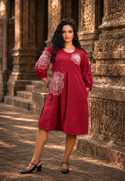 Bohemian Noir Cherry Midi with Artistic Blooming Rose