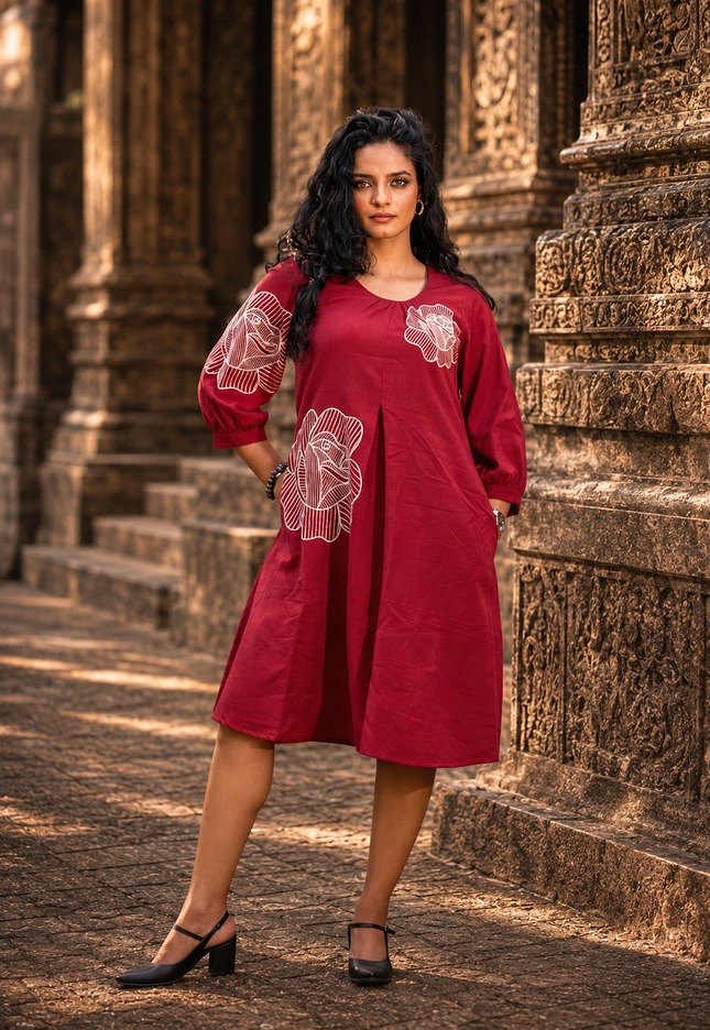 Bohemian Noir Cherry Midi with Artistic Blooming Rose