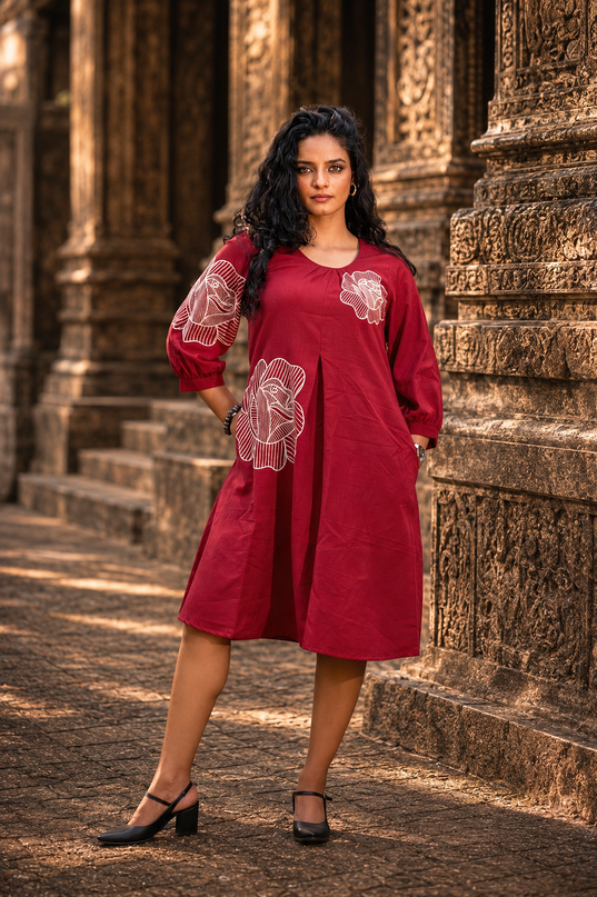 Bohemian Noir Cherry Midi with Artistic Blooming Rose