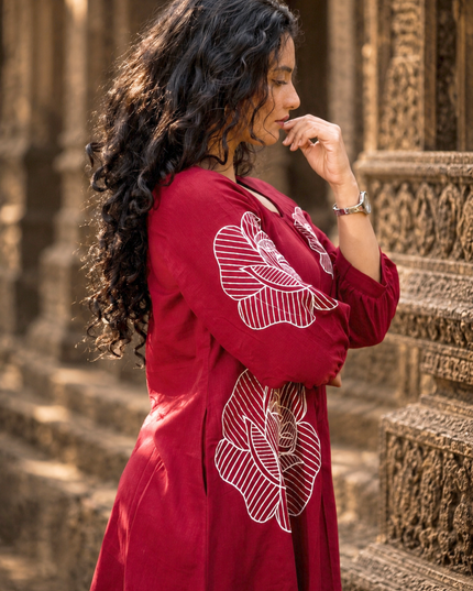 Bohemian Noir Cherry Midi with Artistic Blooming Rose