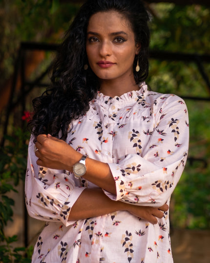Meadow Muse Cotton Shirt Top Featuring Bishop Sleeves & Ruffle Collar