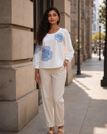 Blooming Rose Embroidery White Cotton Top