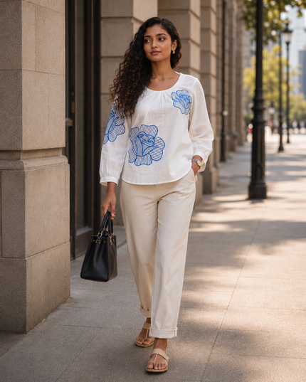 Blooming Rose Embroidery White Cotton Top