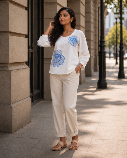 Blooming Rose Embroidery White Cotton Top