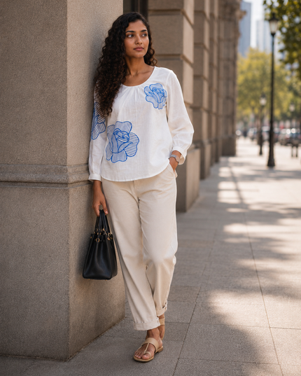 Blooming Rose Embroidery White Cotton Top