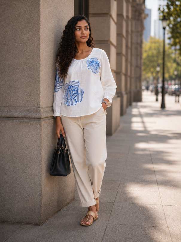 Blooming Rose Embroidery White Cotton Top