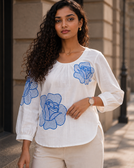 Blooming Rose Embroidery White Cotton Top