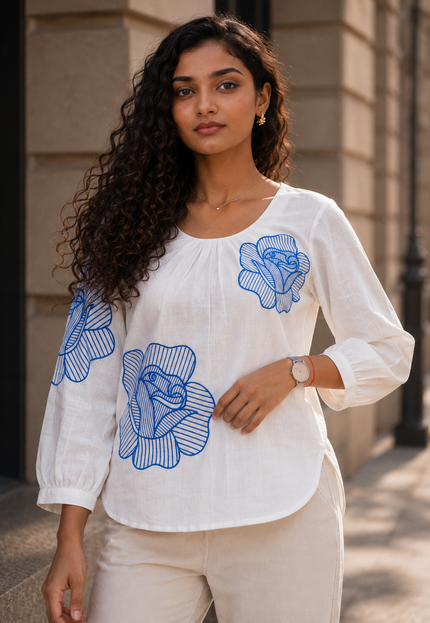 Blooming Rose Embroidery White Cotton Top