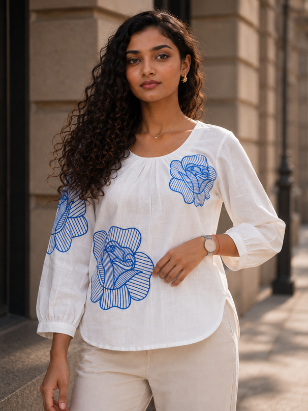 Blooming Rose Embroidery White Cotton Top