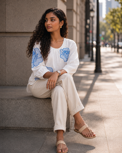 Blooming Rose Embroidery White Cotton Top