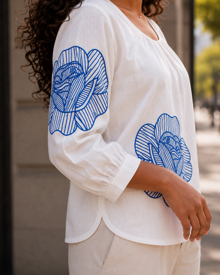 Blooming Rose Embroidery White Cotton Top