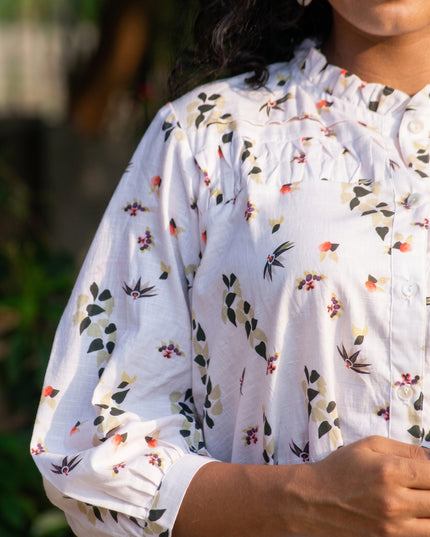 Meadow Muse Cotton Shirt Top Featuring Bishop Sleeves & Ruffle Collar