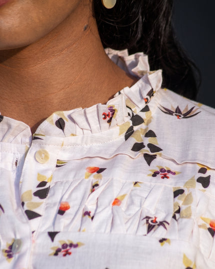 Meadow Muse Cotton Shirt Top Featuring Bishop Sleeves & Ruffle Collar