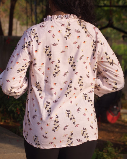 Meadow Muse Cotton Shirt Top Featuring Bishop Sleeves & Ruffle Collar