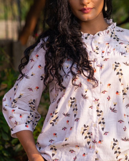 Meadow Muse Cotton Shirt Top Featuring Bishop Sleeves & Ruffle Collar