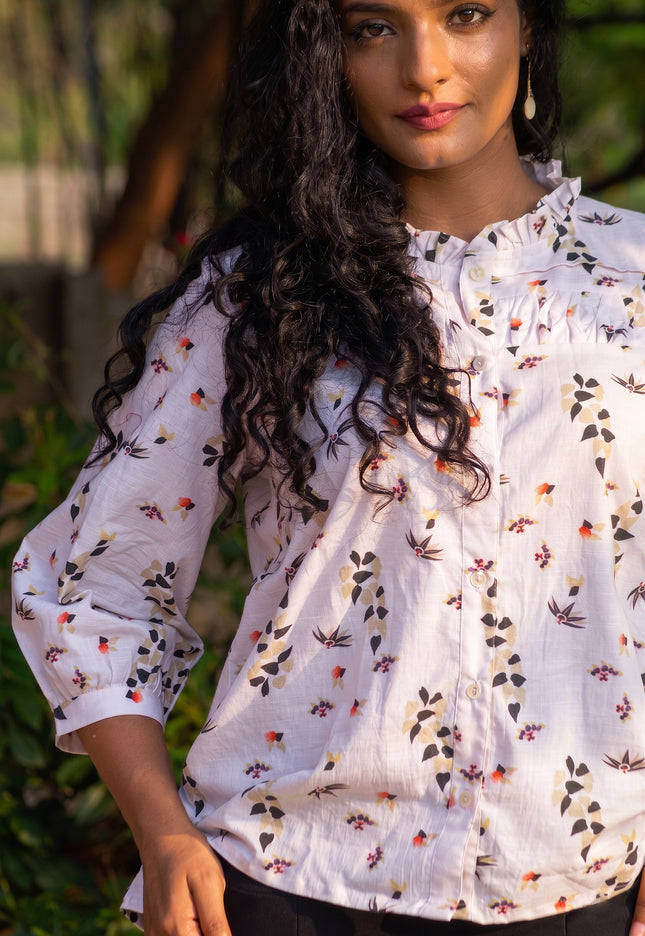 Meadow Muse Cotton Shirt Top Featuring Bishop Sleeves & Ruffle Collar