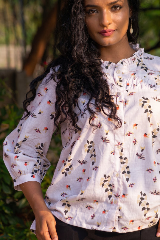 Meadow Muse Cotton Shirt Top Featuring Bishop Sleeves & Ruffle Collar