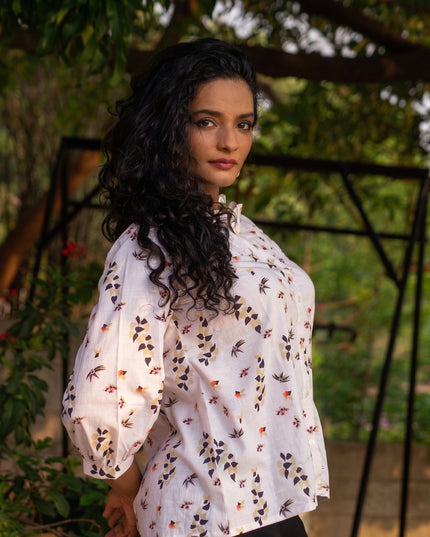 Meadow Muse Cotton Shirt Top Featuring Bishop Sleeves & Ruffle Collar